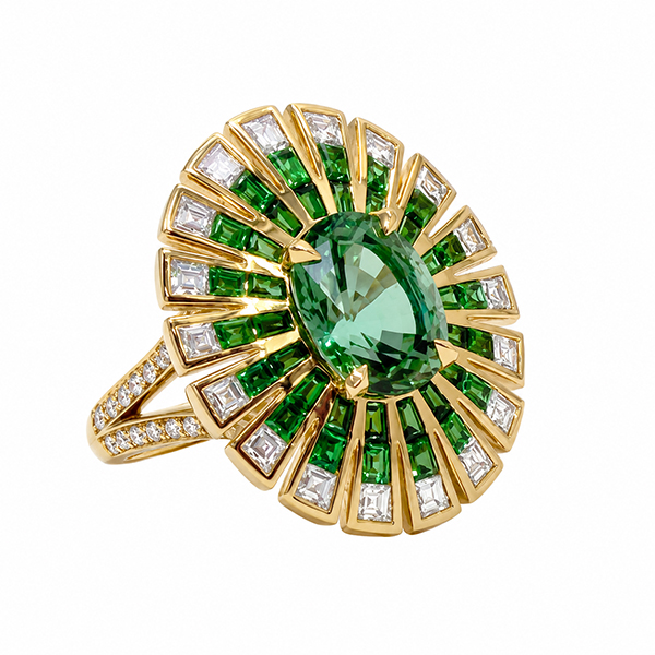 18K Oval Green Tourmaline, Tsavorite and Diamond Ring